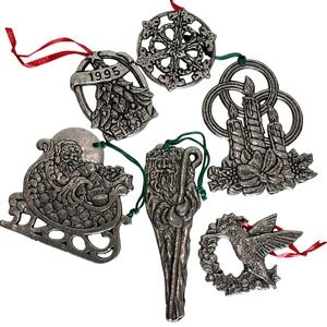 Lot of 6 Carson Pewter Silver Christmas Ornaments 90s Santa Tree Candles‎ Snow